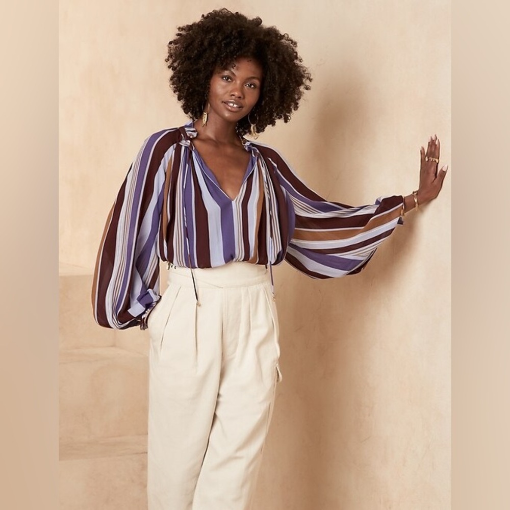 Banana Republic Balloon-Sleeve Striped Blouse - Purple,Blue and Brown